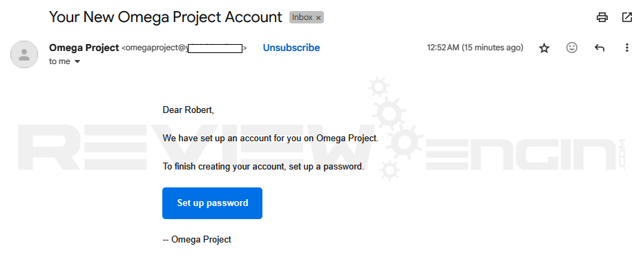Omega Project Members Area Welcome Email Screenshot